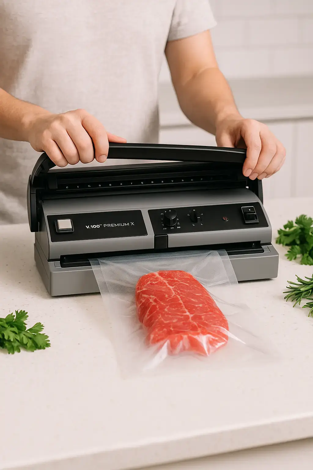 La-Va vacuum sealer in action sealing fresh meat on a kitchen counter