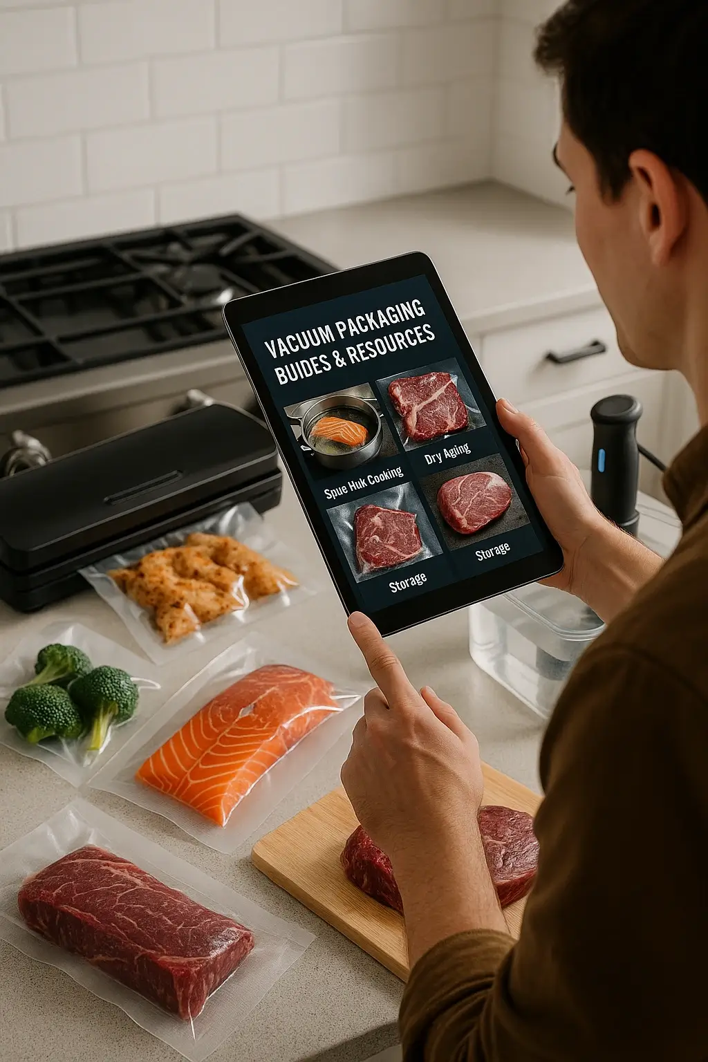 Person using vacuum packaging guides while preparing and organizing vacuum-sealed foods