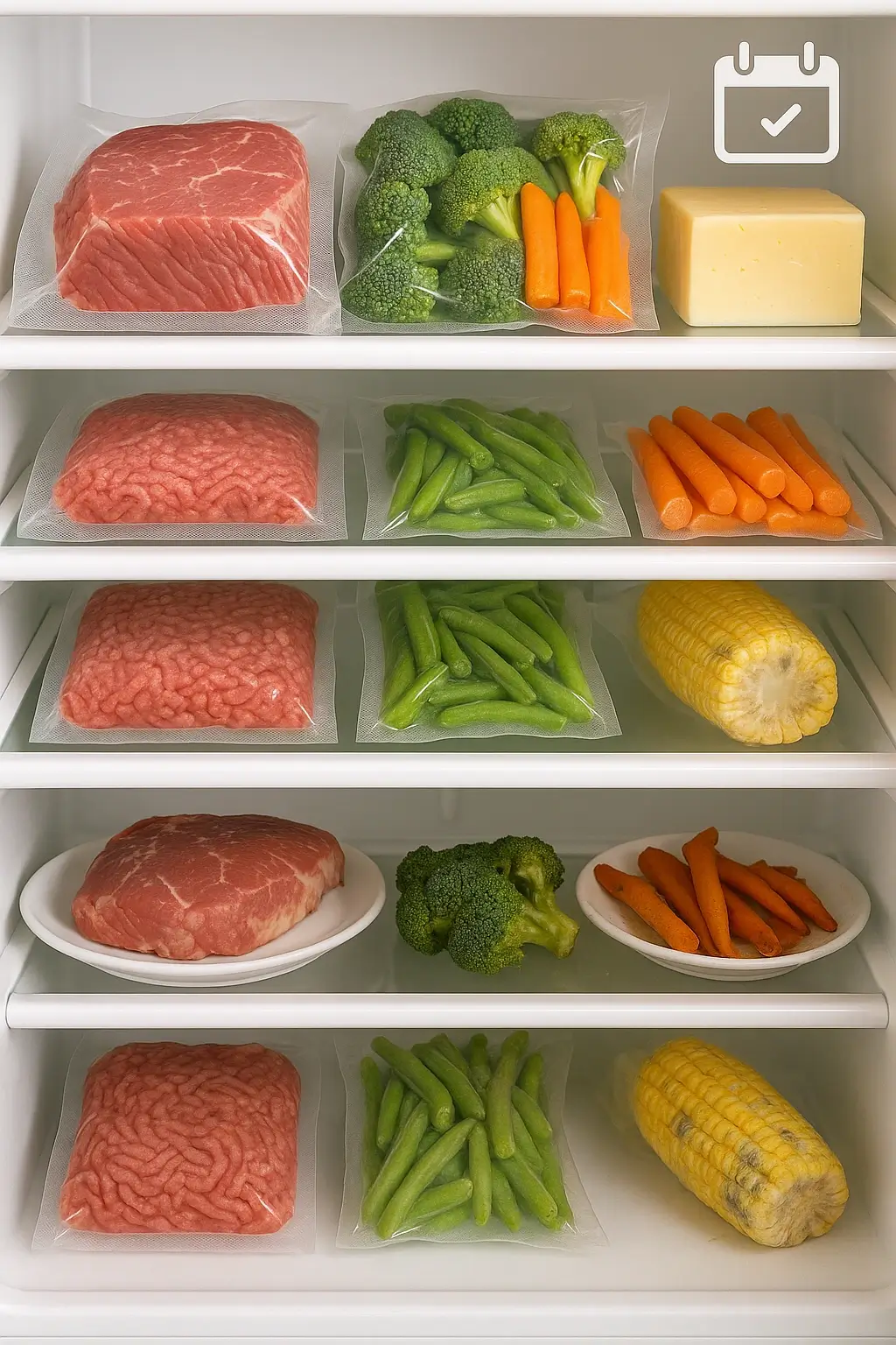 Comparison showing fresh vacuum-sealed foods versus conventionally stored items showing spoilage